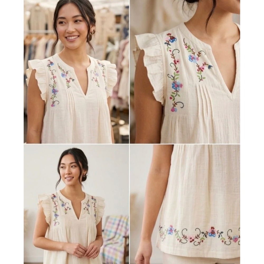 Jennifer & Grace Ivory Cotton Gauze Floral Embroidered Babydoll Top Large